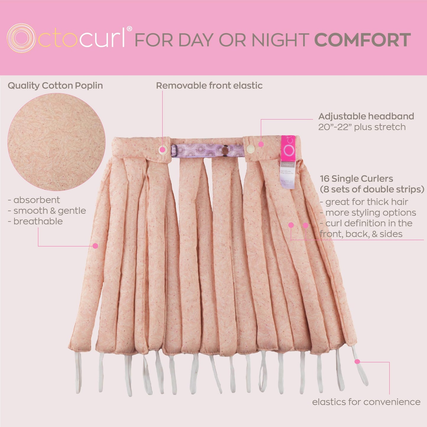 Octocurl Heatless Hair Curlers Headband - Overnight Curls, No Heat Styling for Medium Hair (Cotton - Pink)